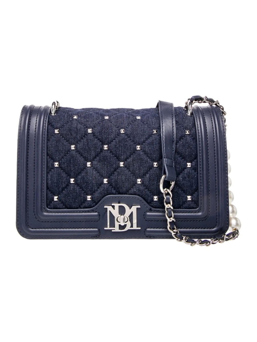 Badgley Mischka Denim Diamond Quilted Crossbody Bag Faux White Pearl Accent